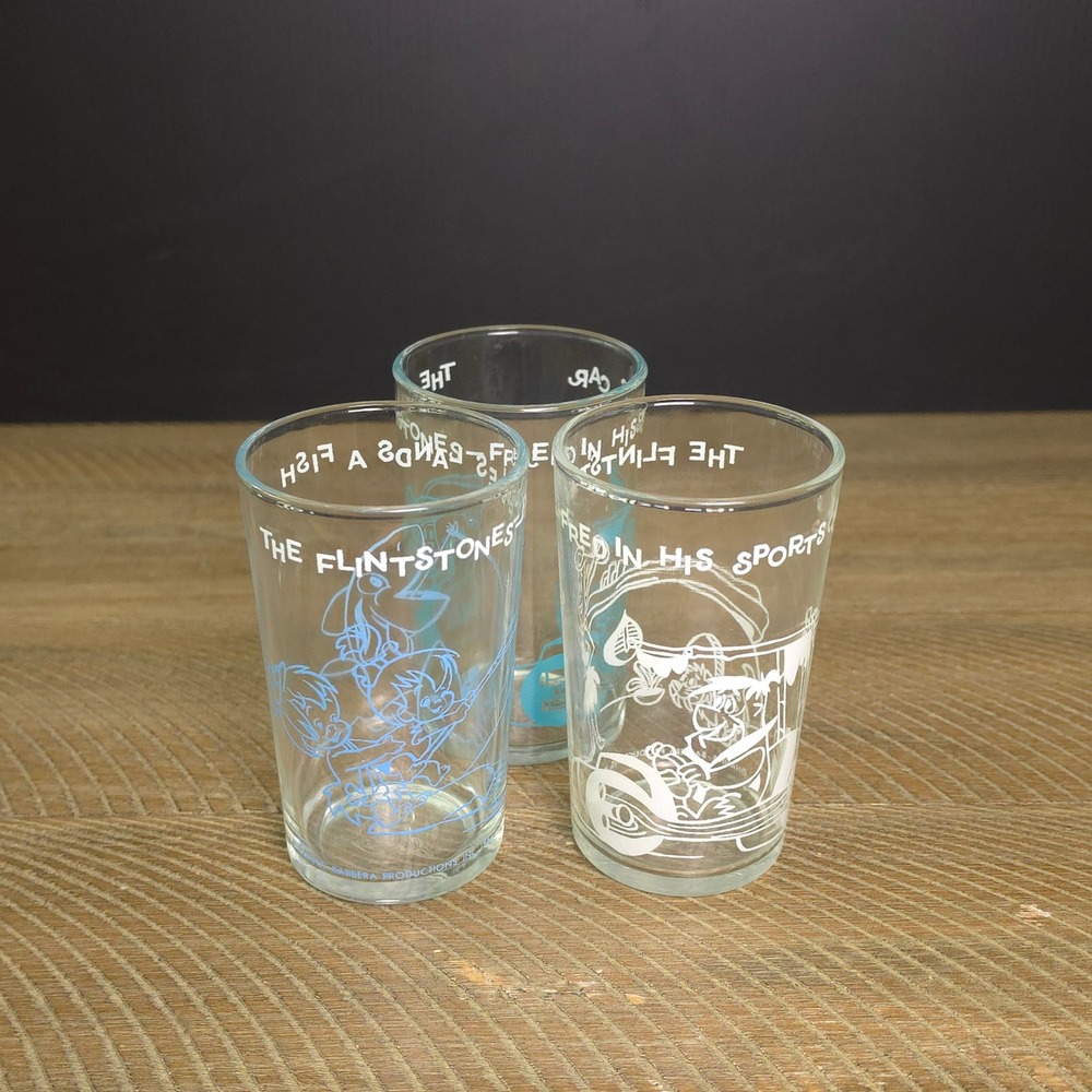 Vintage 1962 Flintstones Jelly Juice Glasses Set of 3 Hanna-Barbera Blue White